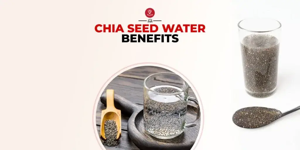 Glass of chia seed water with soaked chia seeds, lemon slices, and a healthy breakfast setup for wellness and hydration benefits.