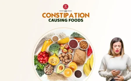 Foods that may cause constipation arranged on a table
