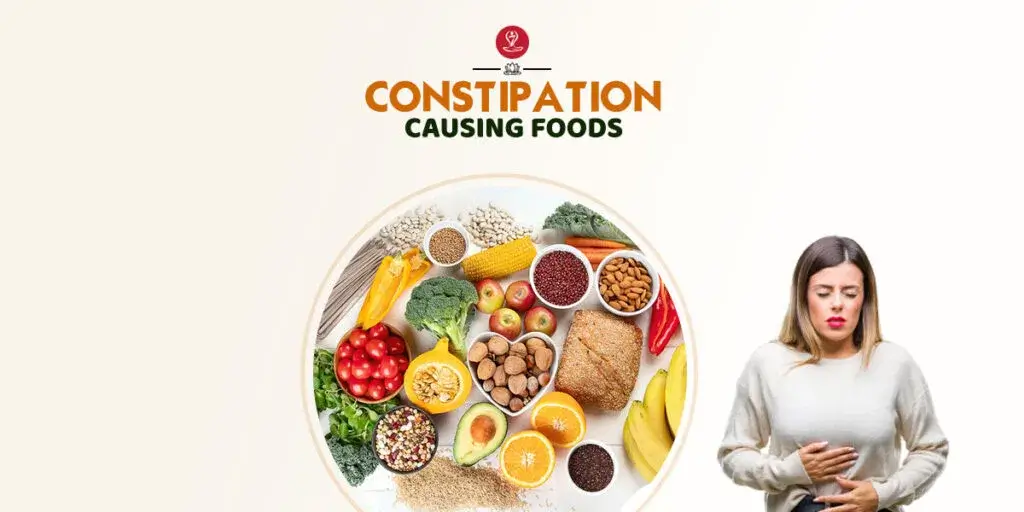 Foods that may cause constipation arranged on a table