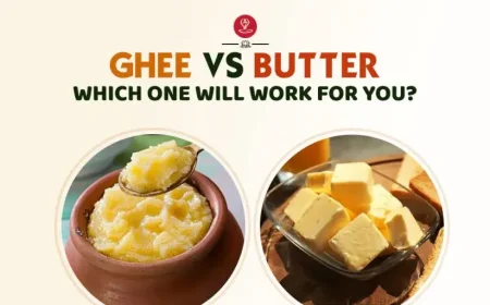 Bowl of ghee and butter comparison on a wooden table
