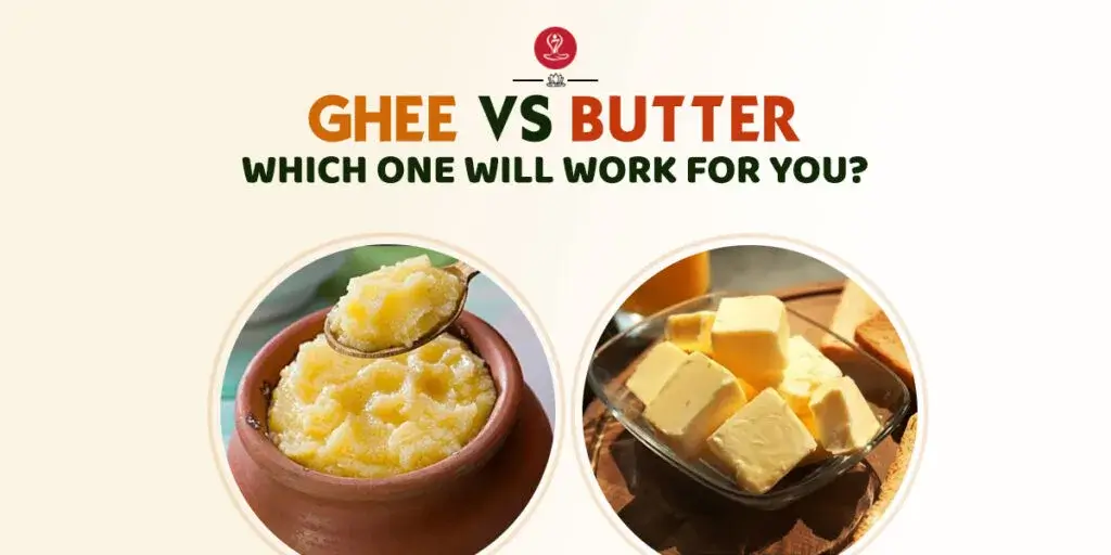 Bowl of ghee and butter comparison on a wooden table