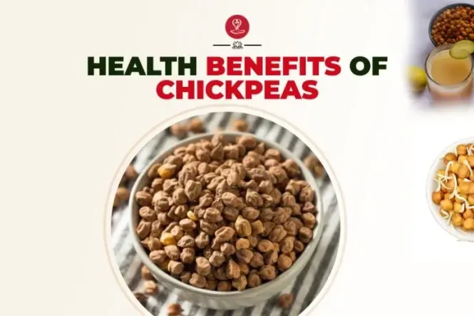 Healthy bowl of cooked chickpeas with vegetables and herbs on a wooden table