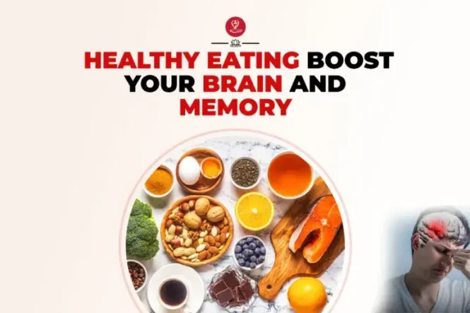 Brain health diet featuring berries, walnuts, leafy greens, avocado, salmon, and other nutrient-rich foods that support memory, focus, and cognitive function.