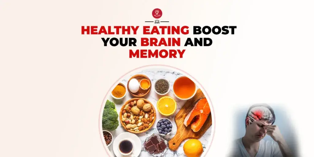 Brain health diet featuring berries, walnuts, leafy greens, avocado, salmon, and other nutrient-rich foods that support memory, focus, and cognitive function.