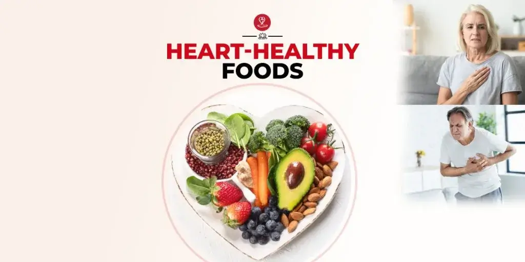 Bowl of heart healthy foods including berries, oats, nuts, and avocado