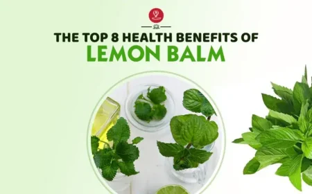 Fresh green lemon balm leaves with a cup of herbal tea showcasing the natural benefits of lemon balm for stress relief, sleep support, digestion, and overall wellness.