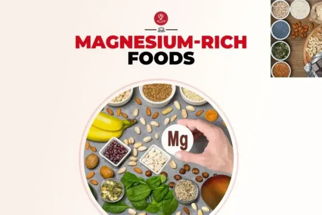 Bowl of magnesium rich foods including spinach, almonds, avocado, and seeds
