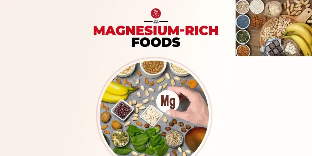 Bowl of magnesium rich foods including spinach, almonds, avocado, and seeds