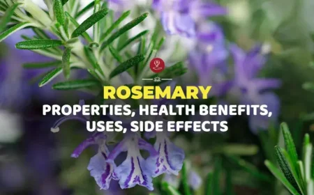 Fresh rosemary sprigs with herbal tea and essential oil illustrating rosemary benefits for memory, focus, digestion, hair health, and overall wellness naturally.