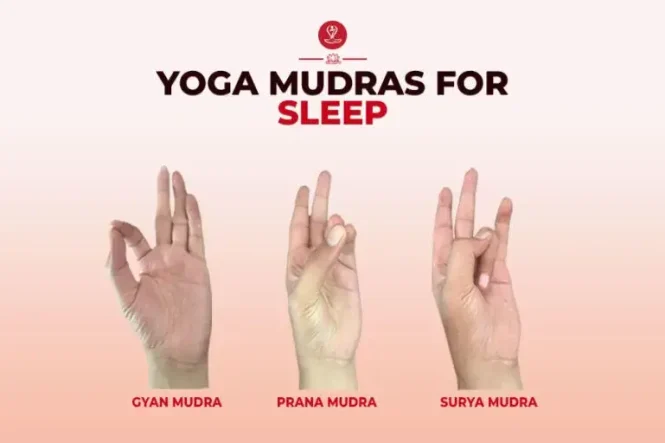 Person practicing yoga mudras for better sleep before bedtime in a peaceful meditation pose