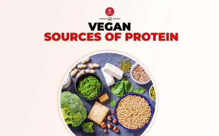 Assorted plant-based protein foods including lentils, tofu, quinoa, nuts, and seeds