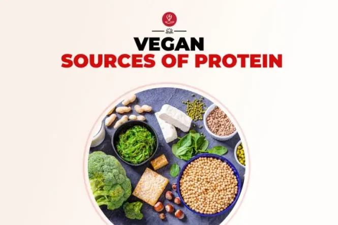 Assorted plant-based protein foods including lentils, tofu, quinoa, nuts, and seeds