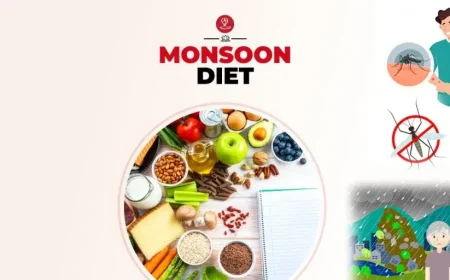 Healthy monsoon diet with fresh fruits, vegetables, and herbal tea