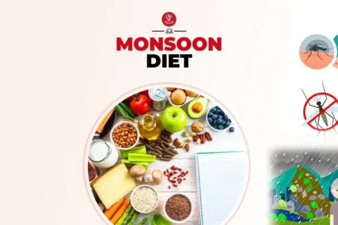 Healthy monsoon diet with fresh fruits, vegetables, and herbal tea
