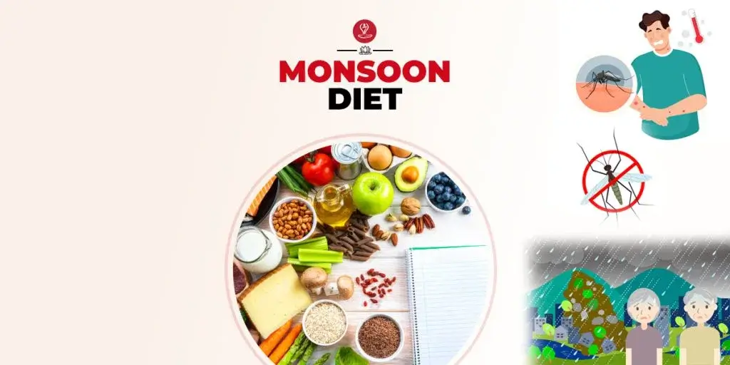 Healthy monsoon diet with fresh fruits, vegetables, and herbal tea