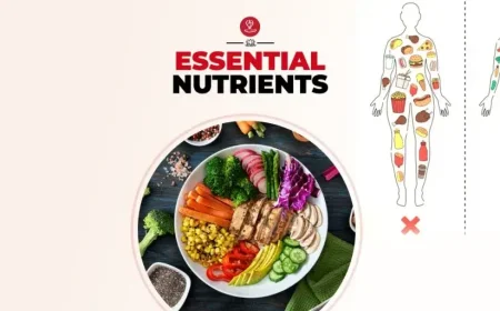 Healthy nutrient-rich foods including fruits, vegetables, whole grains, nuts, seeds, legumes, eggs, fish, and healthy fats displayed on a colorful table representing essential nutrients for overall health.