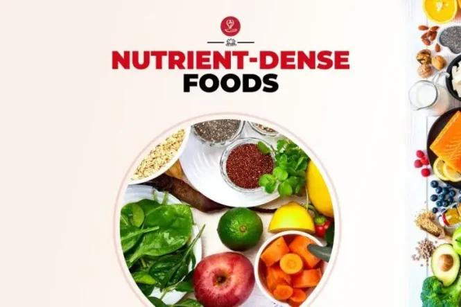 Colorful nutrient-dense foods including blueberries, kale, spinach, quinoa, lentils, nuts, seeds, sweet potatoes, and fresh vegetables arranged on a healthy eating table to support overall wellness and nutrition.