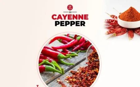 Wooden spoon filled with cayenne pepper powder surrounded by fresh red chili peppers, highlighting the health benefits of cayenne pepper for digestion, metabolism, and overall wellness.