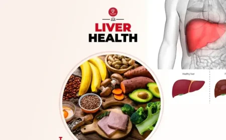 Healthy liver-friendly foods including leafy greens, berries, garlic, salmon, nuts, olive oil, and whole grains arranged on a wooden table to promote liver health and natural detoxification.
