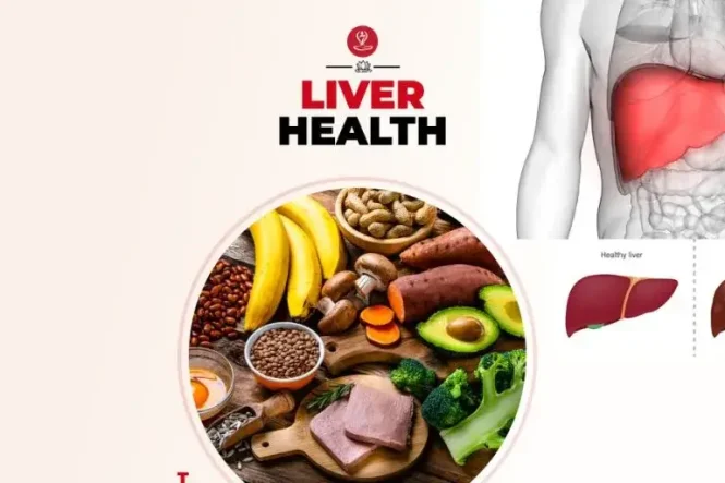 Healthy liver-friendly foods including leafy greens, berries, garlic, salmon, nuts, olive oil, and whole grains arranged on a wooden table to promote liver health and natural detoxification.