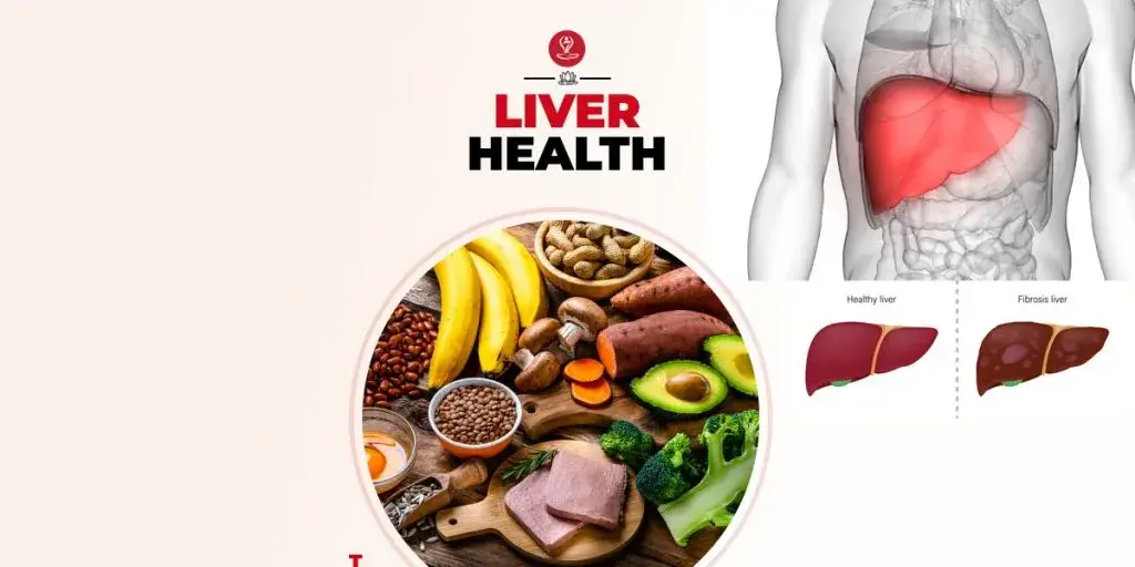 Healthy liver-friendly foods including leafy greens, berries, garlic, salmon, nuts, olive oil, and whole grains arranged on a wooden table to promote liver health and natural detoxification.
