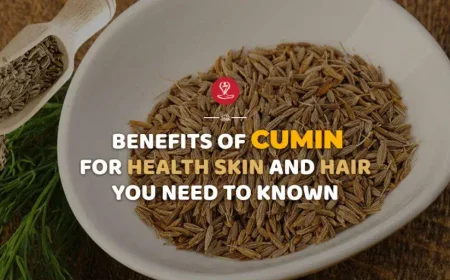 Wooden spoon filled with cumin seeds beside a glass of cumin water and fresh herbs, representing the health, digestion, metabolism, and skin benefits of cumin.