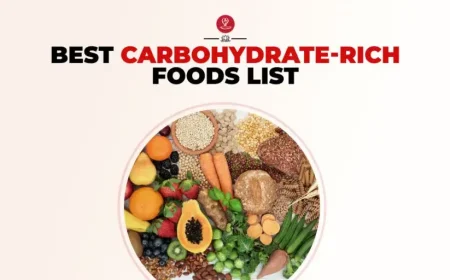 A colorful flat lay of carbohydrate-rich foods including whole grains, sweet potatoes, bananas, legumes, and oats arranged on a wooden table to highlight healthy, energy-boosting foods.