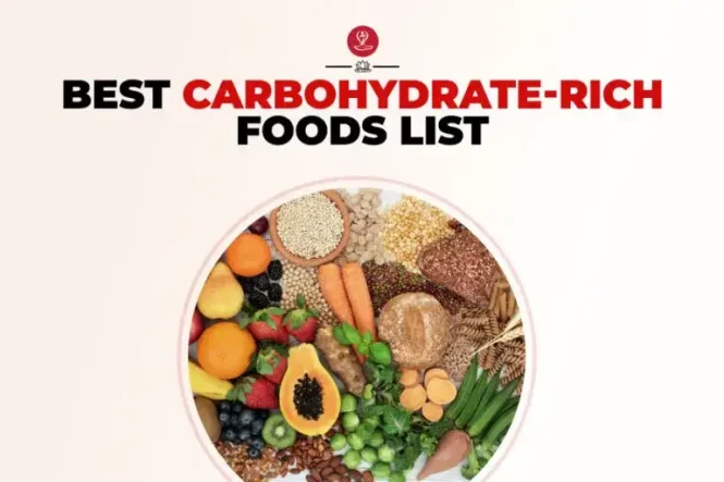 A colorful flat lay of carbohydrate-rich foods including whole grains, sweet potatoes, bananas, legumes, and oats arranged on a wooden table to highlight healthy, energy-boosting foods.