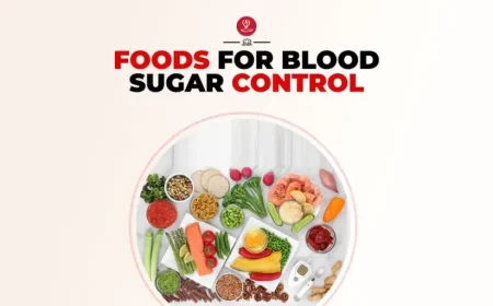 Infographic showing diabetes-friendly foods including leafy greens, whole grains, legumes, nuts, seeds, low-GI fruits, and lean proteins with tips for controlling blood sugar and stabilizing glucose levels.