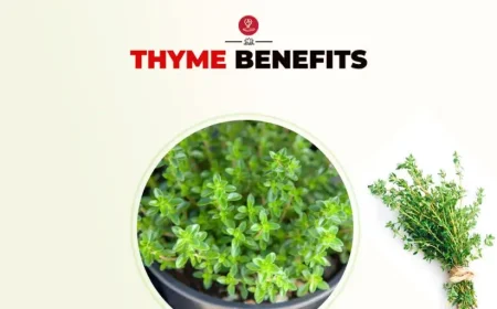 Fresh thyme herb leaves on a wooden table