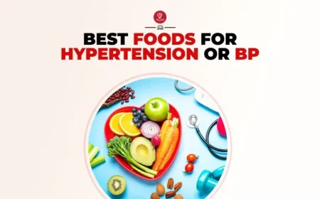 High blood pressure diet foods arranged on a healthy dinner plate.