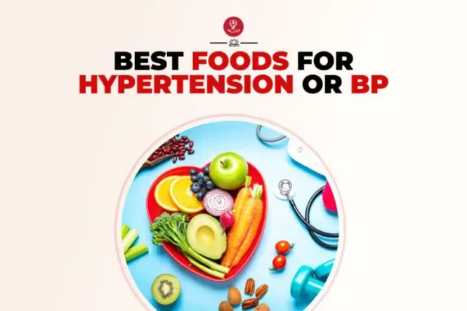 High blood pressure diet foods arranged on a healthy dinner plate.