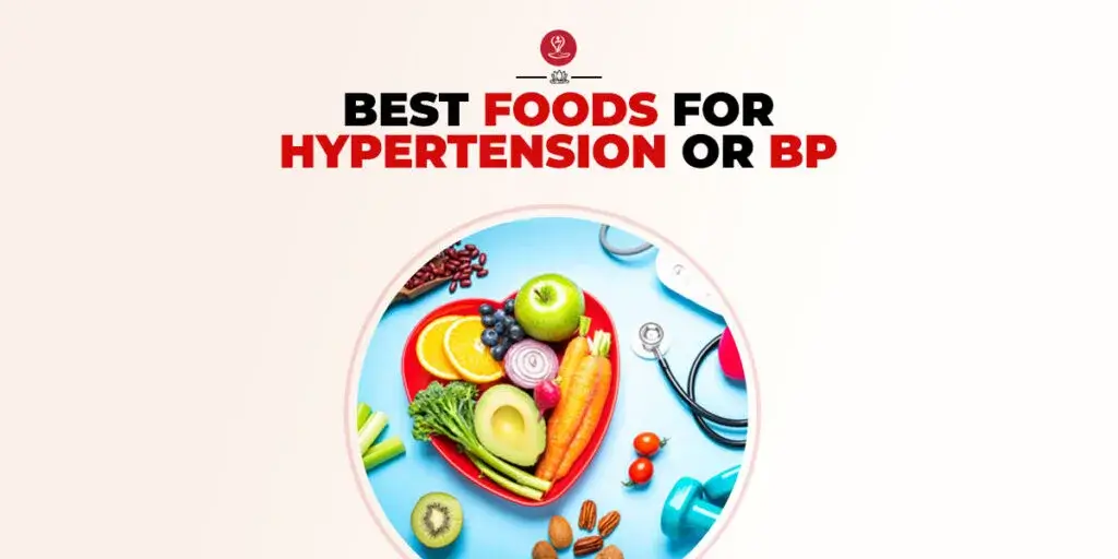 High blood pressure diet foods arranged on a healthy dinner plate.