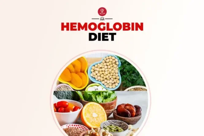 Hemoglobin diet foods including spinach, lentils, beetroot, and pomegranate.