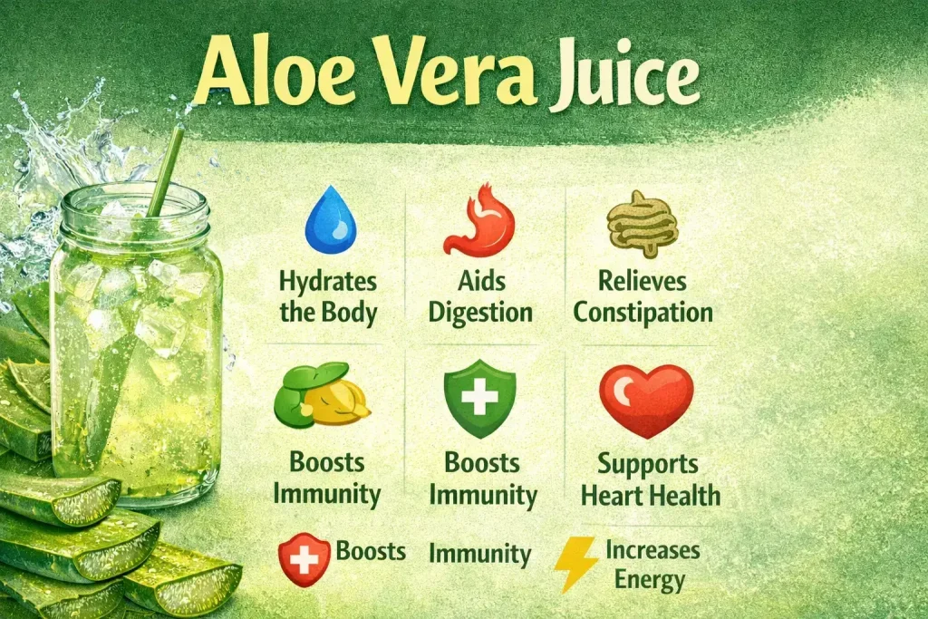 Fresh aloe vera juice in a glass with natural aloe vera leaves.