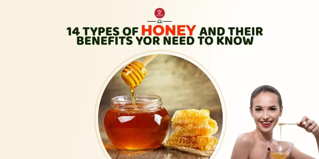 Different types of honey displayed in glass jars with labels and honeycomb.