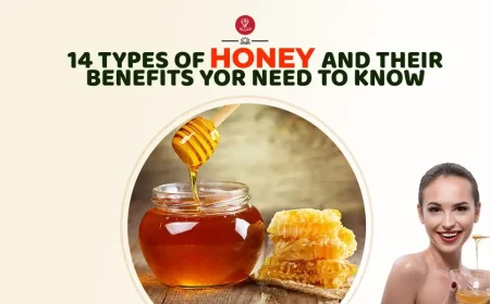 Different types of honey displayed in glass jars with labels and honeycomb.