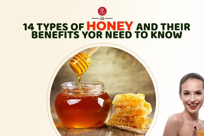 Different types of honey displayed in glass jars with labels and honeycomb.