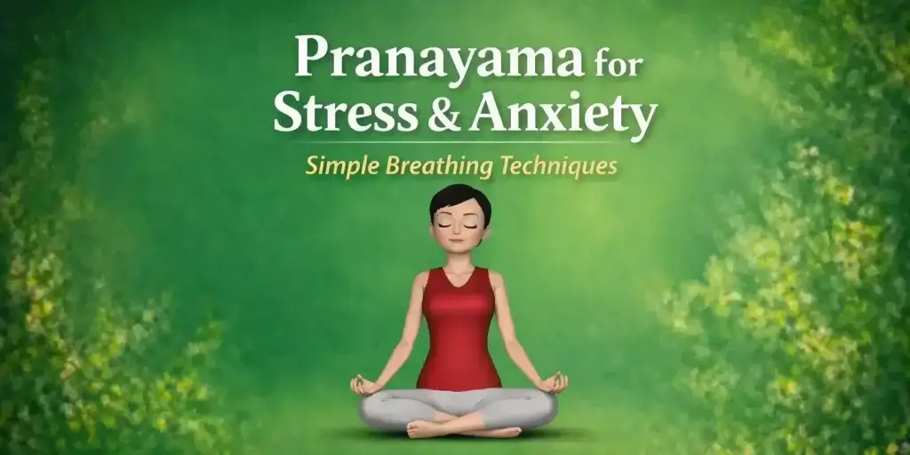 Pranayama breathing exercise illustration with 3D woman meditating for stress and anxiety relief