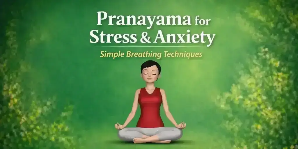 Pranayama breathing exercise illustration with 3D woman meditating for stress and anxiety relief