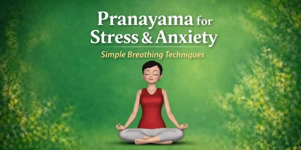 Pranayama breathing exercise illustration with 3D woman meditating for stress and anxiety relief