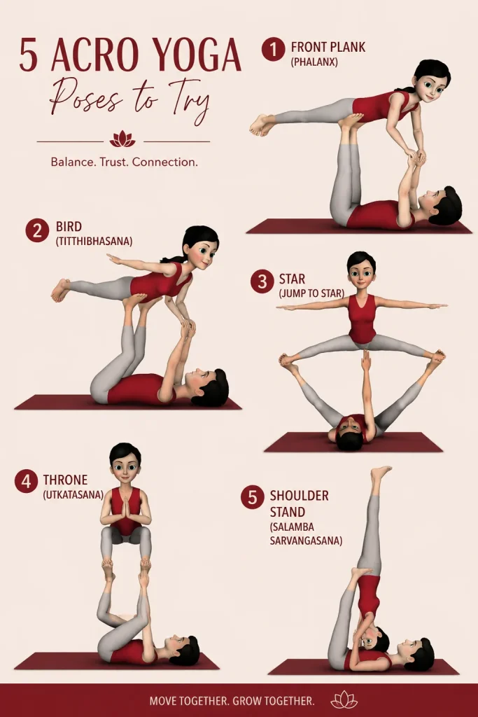 An infographic showing 5 Acro Yoga poses for beginners. It features illustrations of a base and flyer performing the Front Plank (Phalanx), Bird (Tittibhasana), and Star poses, with the text "Balance. Trust. Connection."