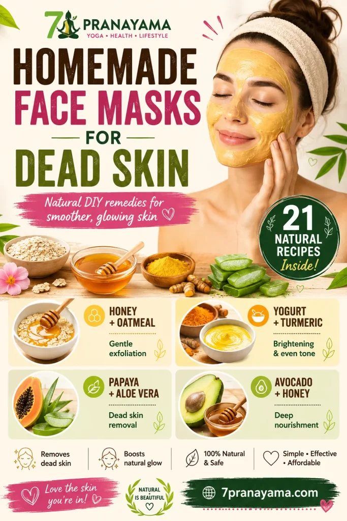 Vertical natural skincare infographic featuring DIY face mask recipes for exfoliating dead skin, with glowing female model, herbal ingredients, bright wellness colors, and easy homemade beauty treatments for smoother skin.