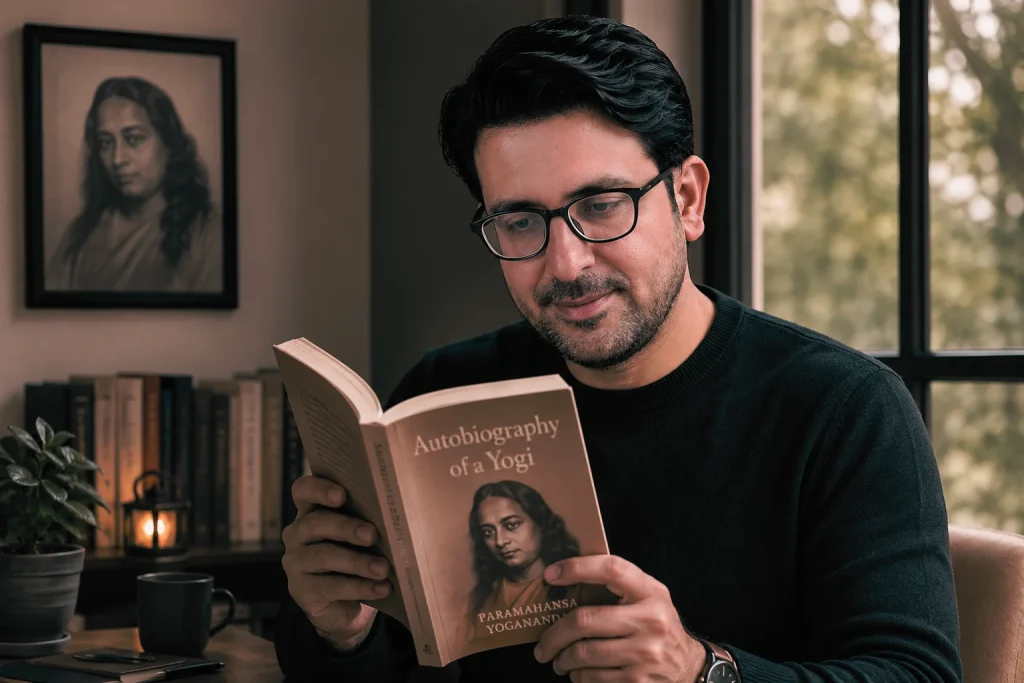 founder of 7pranayama manish Paramahansa Yogananda reading Autobiography of a Yogi - 7pranayama
