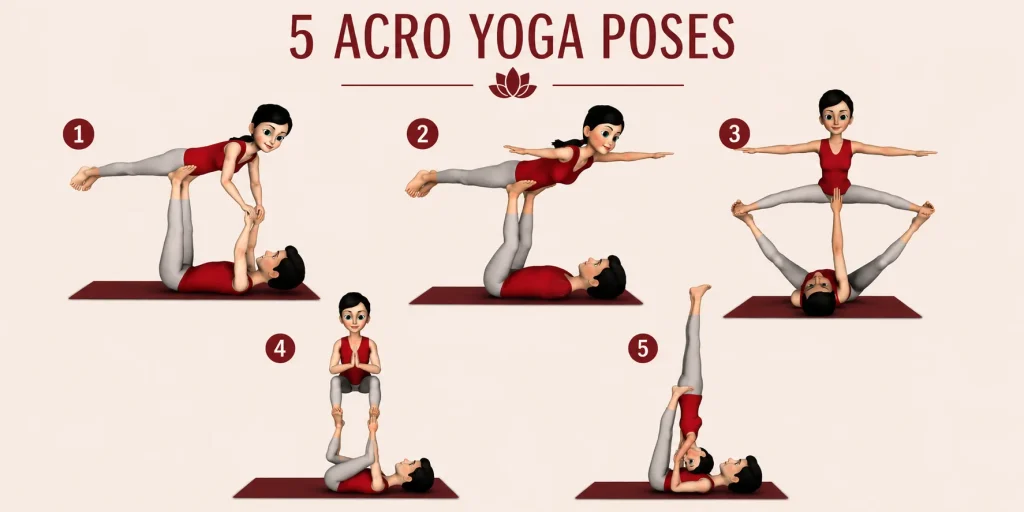 Infographic showing 5 beginner acro yoga poses: Front Plank, Star, Bird, Shoulder Stand, and Throne pose