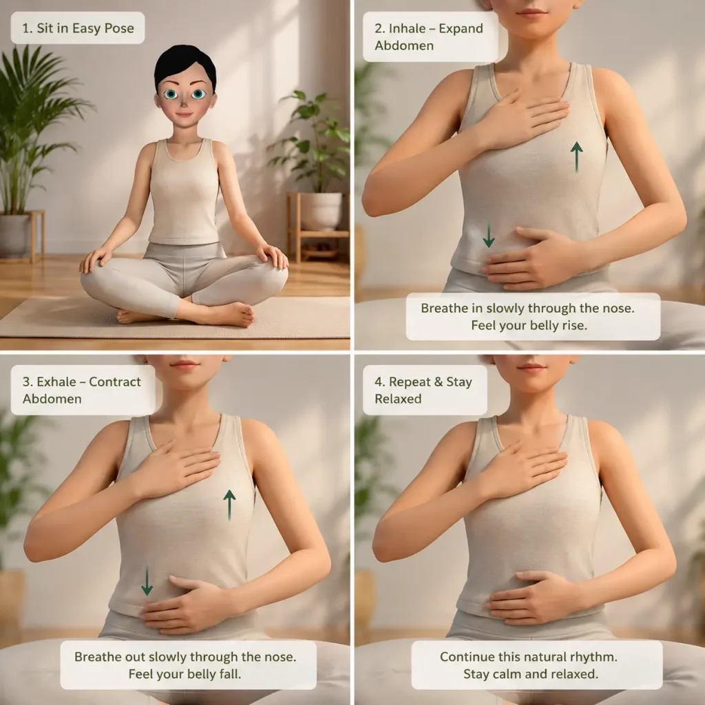A person sitting in Sukhasana practicing Adham Pranayama abdominal breathing.