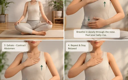 A person sitting in Sukhasana practicing Adham Pranayama abdominal breathing.