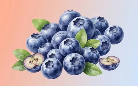 Fresh organic blueberries with green leaves on a soft gradient background, highlighting healthy superfood antioxidants.