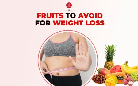 A collection of high-calorie fruits like mangoes and bananas with a text overlay that reads "Fruits to Avoid for Weight Loss.