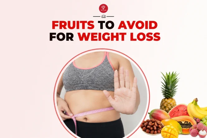 A collection of high-calorie fruits like mangoes and bananas with a text overlay that reads "Fruits to Avoid for Weight Loss.